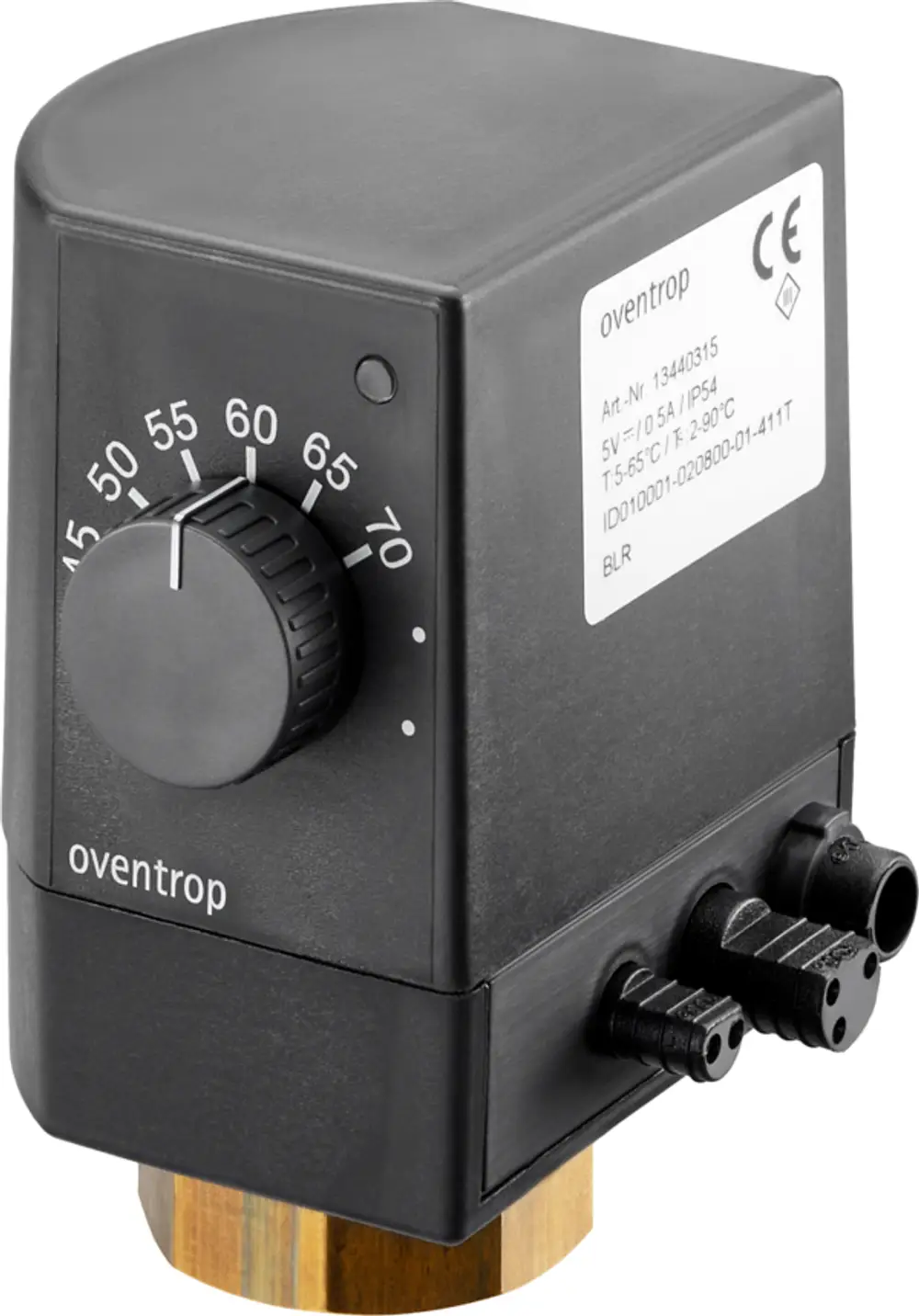 Oventrop Stellantrieb mit Drehknopf zur Temperaturregelung, montiert auf einer metallischen Basis. Anschlüsse auf der Rückseite für Verbindungselemente sichtbar.